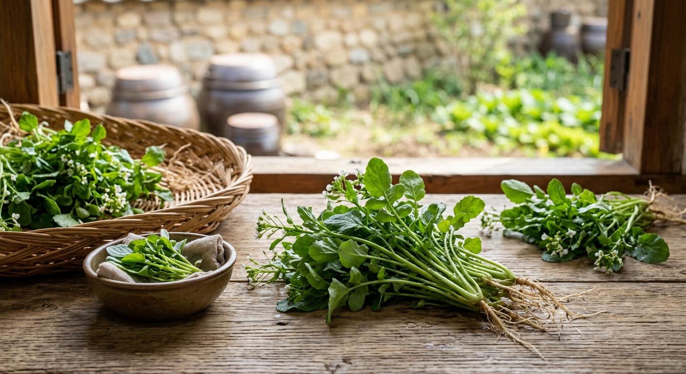 황새냉이를 키친타월로 감싸 신선하게 냉장 보관하는 모습