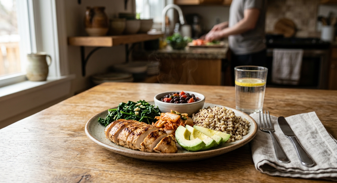 달걀 두부 닭가슴살 요거트와 채소로 구성한 하루 식단 이미지