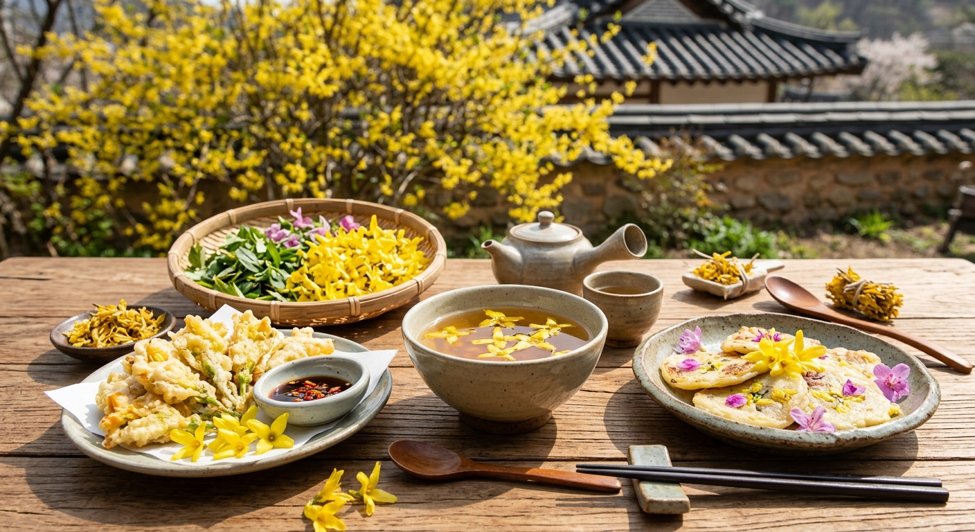 개나리꽃차와 화전이 함께 차려진 봄 식탁