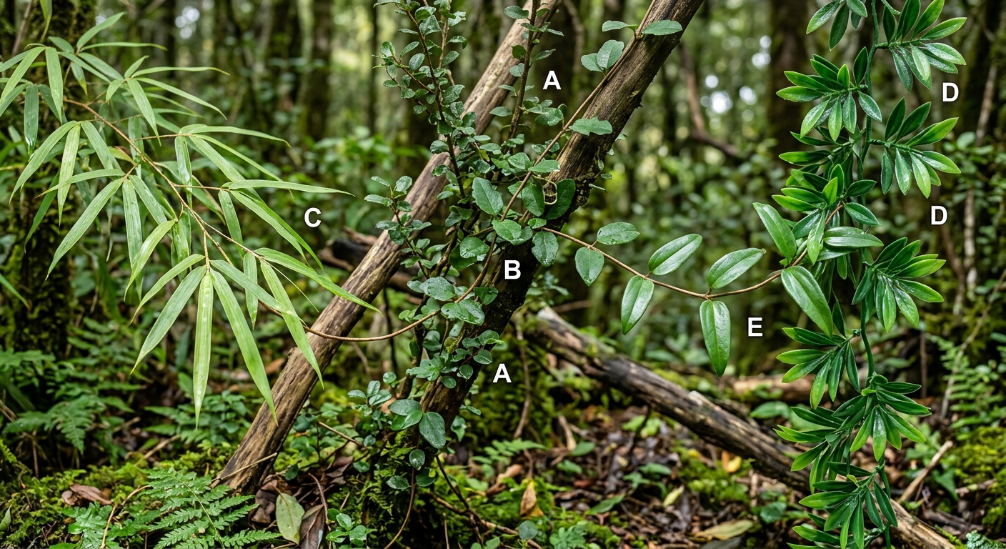 숲속에서 다른 식물을 감싸며 자라는 보퀼라가 식물 인지를 상징하는 장면