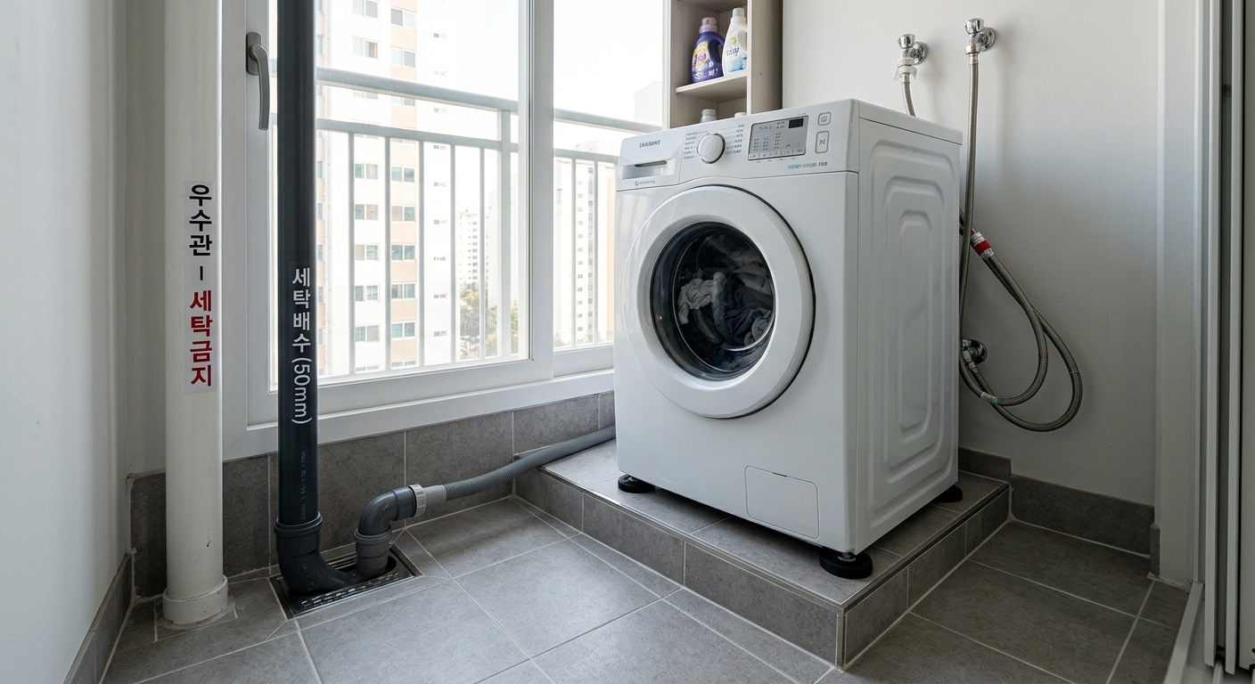 올바른 배수 구조를 갖춘 세탁실에 설치된 세탁기 모습