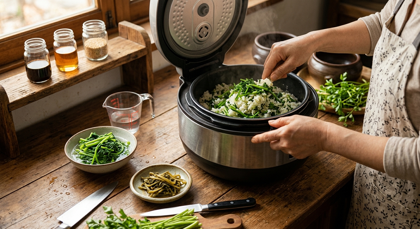 미나리밥 조리 시 물 양과 섞는 방법을 확인하는 주방 장면