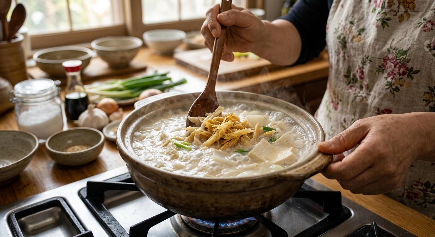 완성도 높은 황태국과 함께 정리된 조리 팁 메모 장면