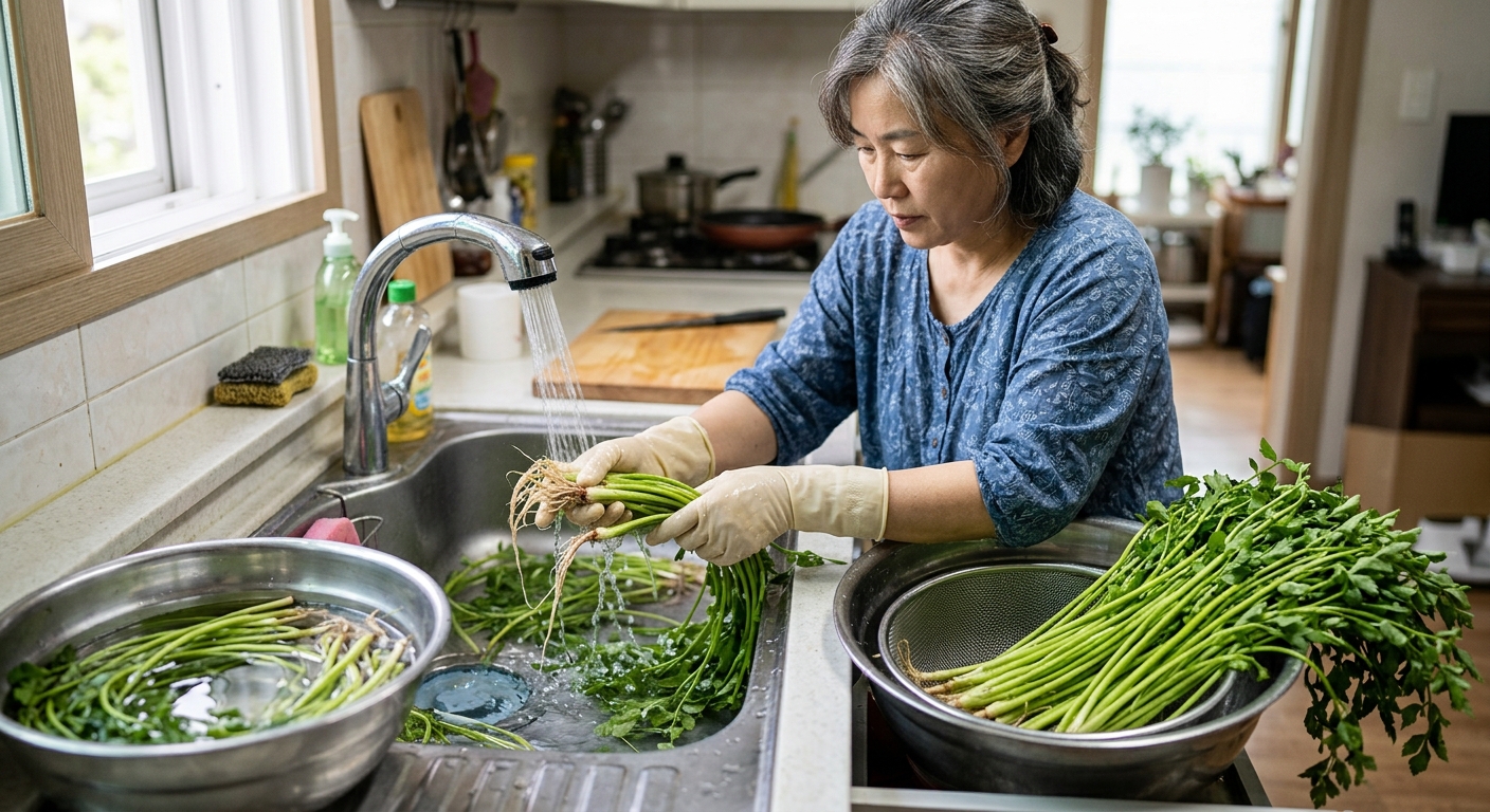 깨끗이 씻어 정돈된 미나리와 세척 도구가 놓인 주방 장면