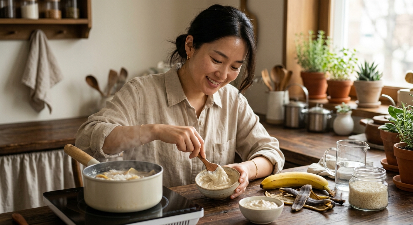 천연 바나나껍질 팩을 세안 후 얼굴에 고르게 바르는 장면