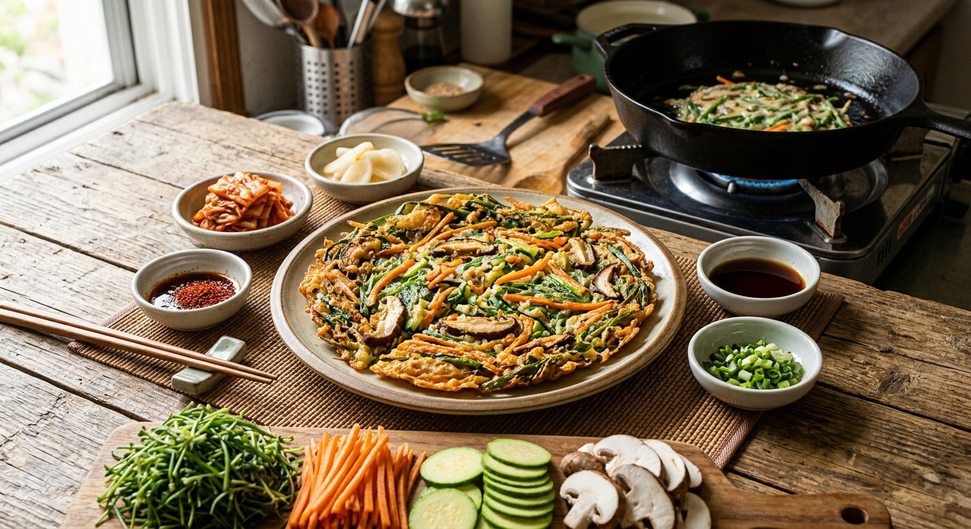 세발나물 부침개 반죽에 채 썬 채소를 더한 모습