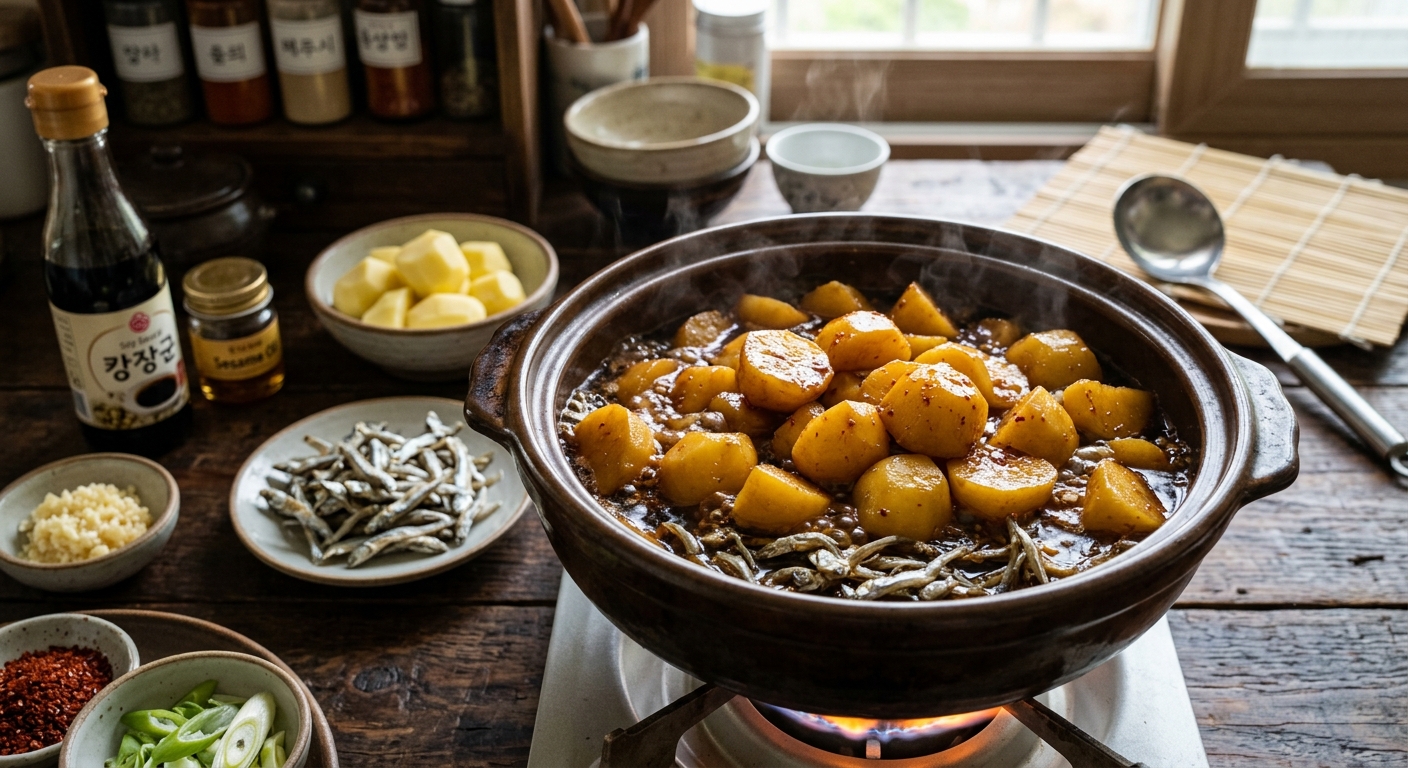 균일하게 썬 감자와 완성된 감자조림을 함께 보여주는 실패 방지 팁 이미지