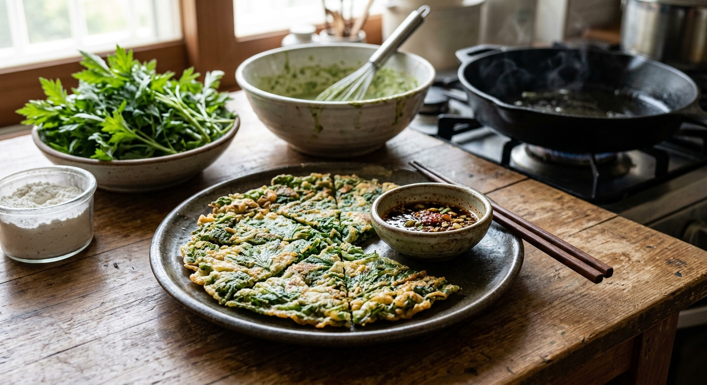 봄철 어린 쑥으로 만든 노릇하고 향긋한 쑥전이 접시에 담긴 모습