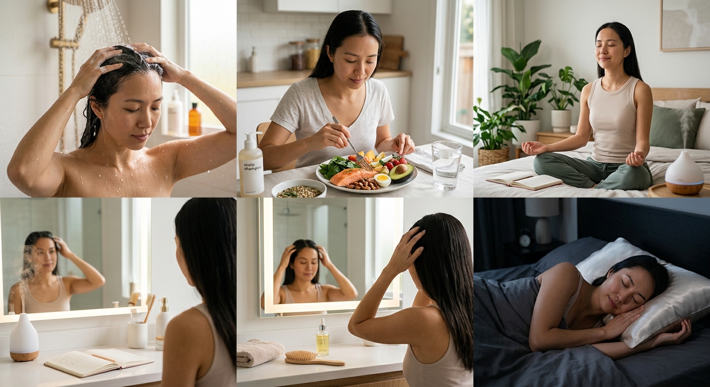 건강한 생활 습관과 두피 관리를 함께 실천하는 일상적인 모습
