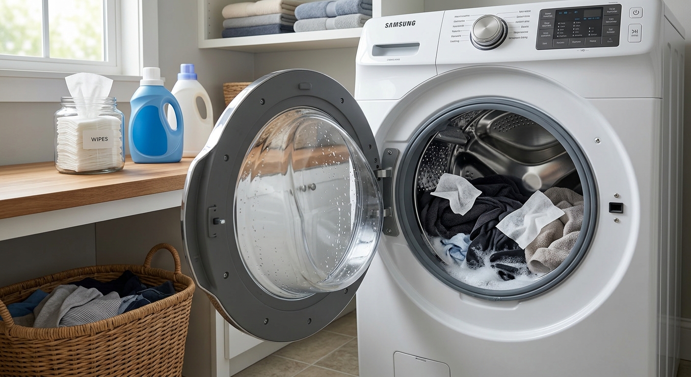 깔끔한 세탁 결과를 위한 분리 세탁과 세탁기 청소 습관을 설명하는 이미지
