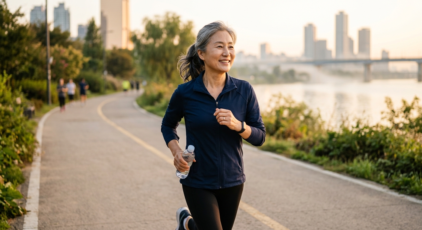 아침 햇살 아래 물 한 잔과 운동 준비를 하는 건강한 일상 장면