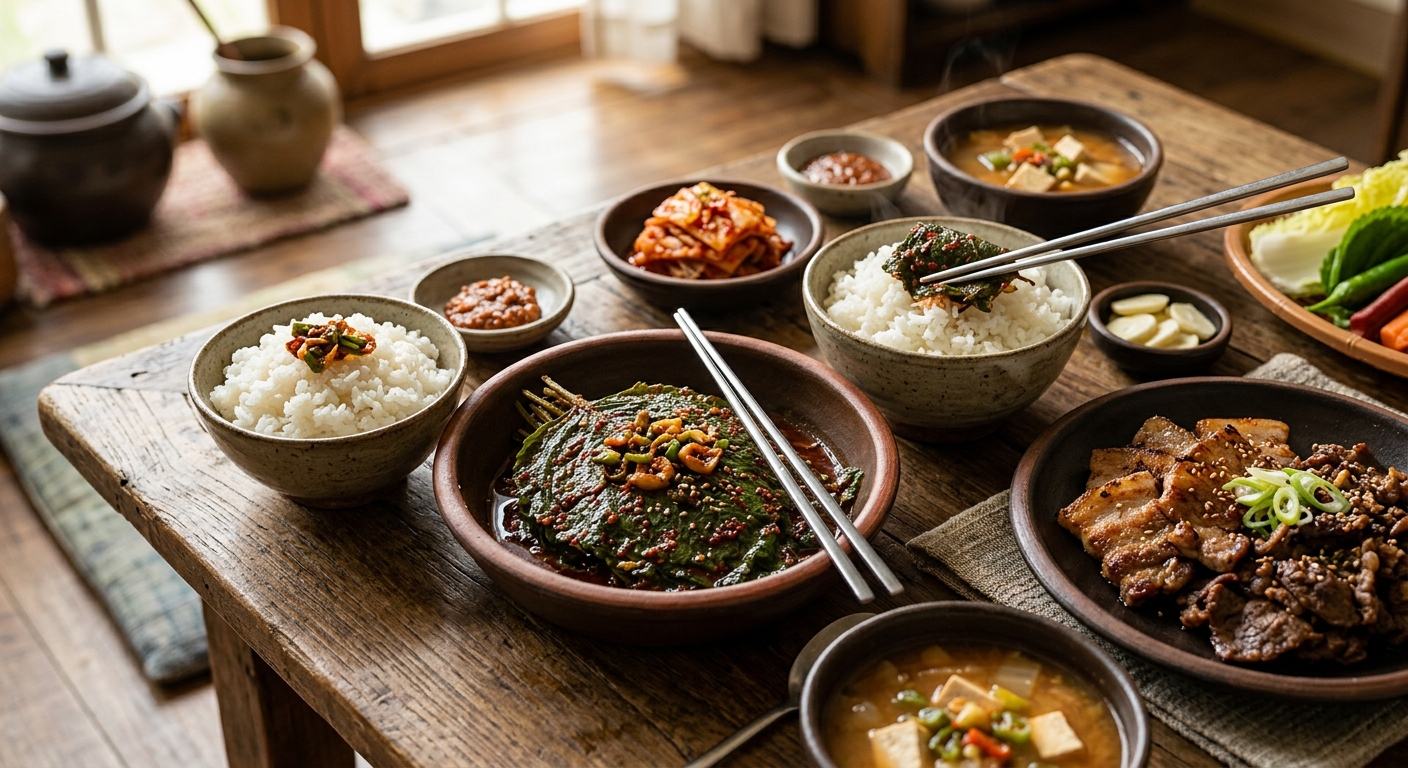 밥과 고기 반찬, 그리고 깻잎지가 함께 차려진 집밥 식탁