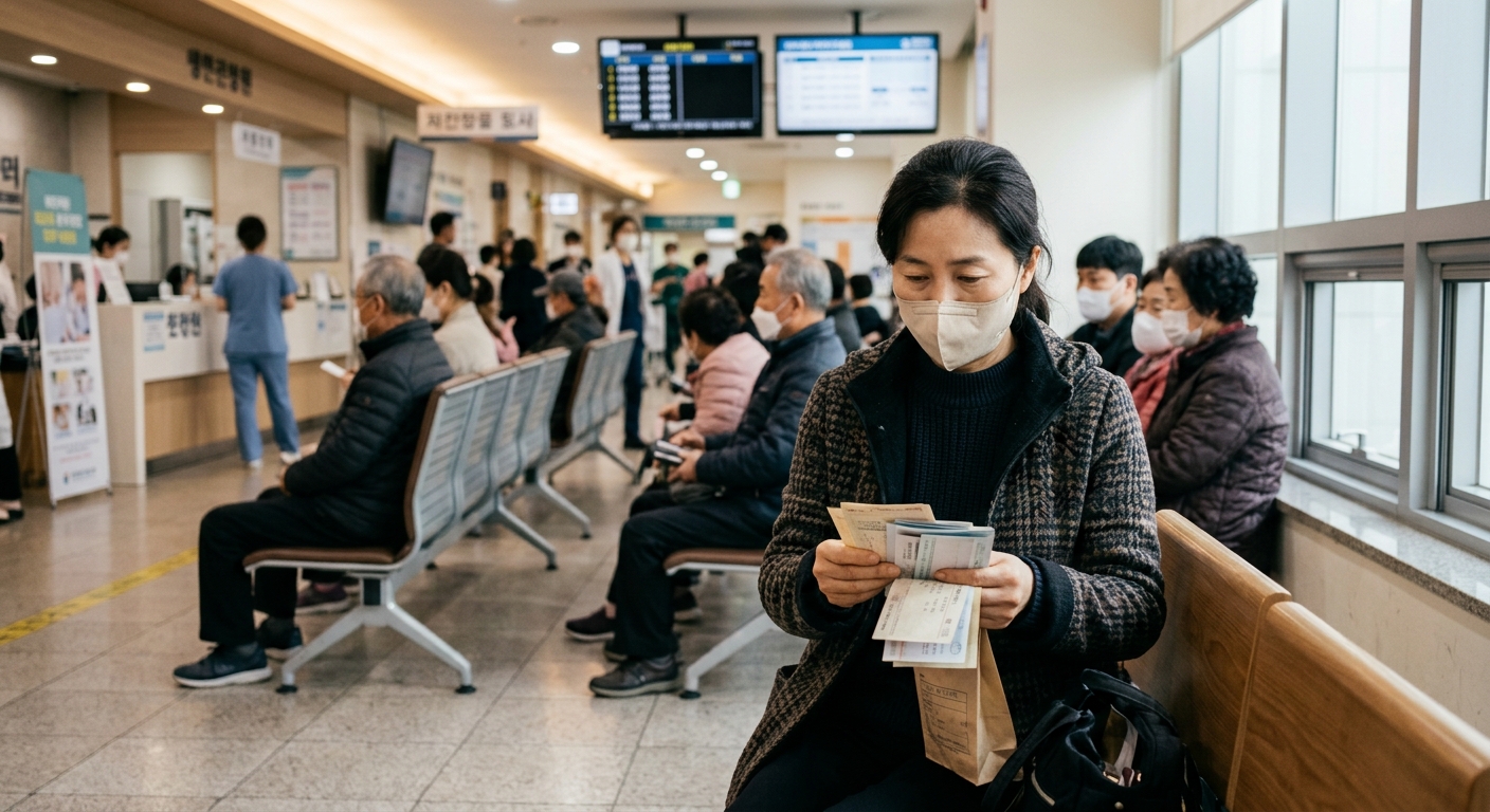 환자가 진료 기록과 약 봉투를 정리하며 의료 이용 계획을 세우는 장면