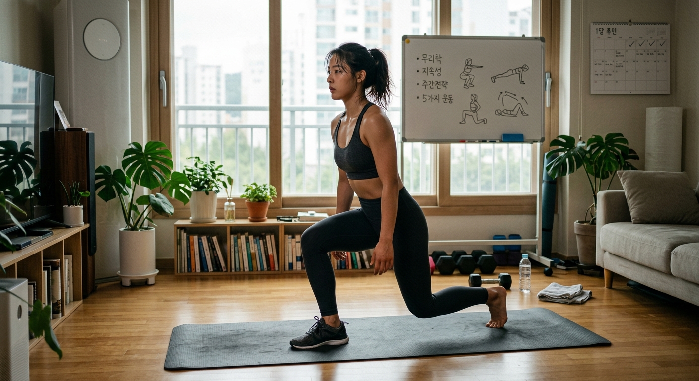 주간 운동 계획표를 보며 홈트 루틴을 실천하는 사람의 모습
