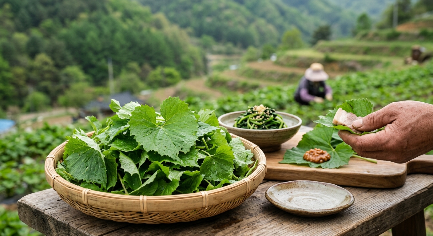봄철 식탁에 올려진 신선한 곰취와 다양한 반찬 모습