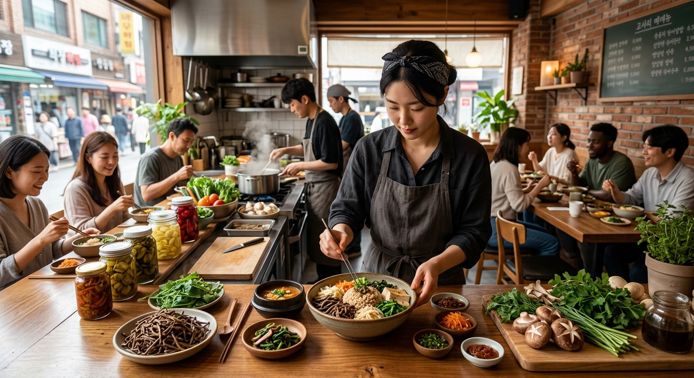 채식 기반 외식 브랜드의 확장 가능성을 상징하는 현대적이고 따뜻한 식당 이미지