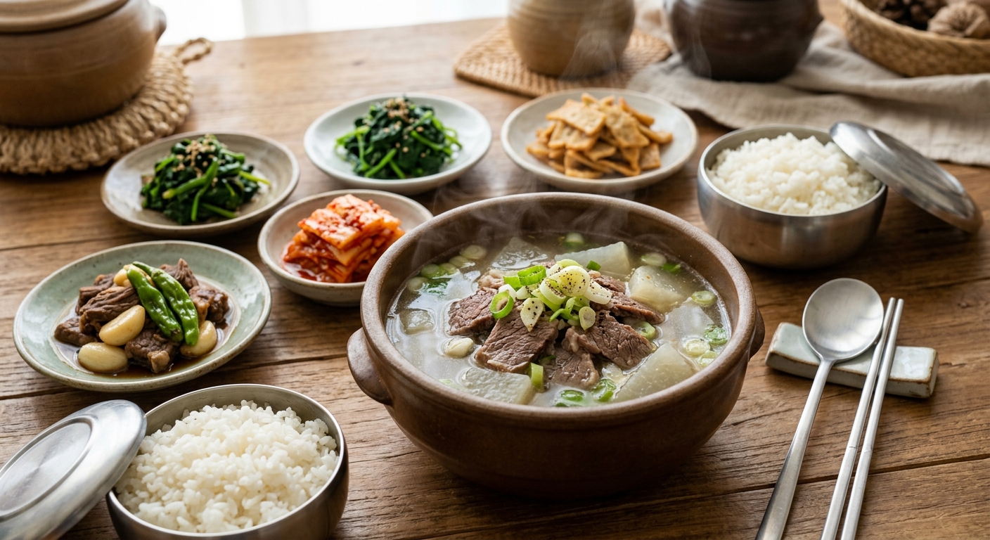 소고기무국과 깍두기, 오이무침, 계란말이가 함께 차려진 식탁