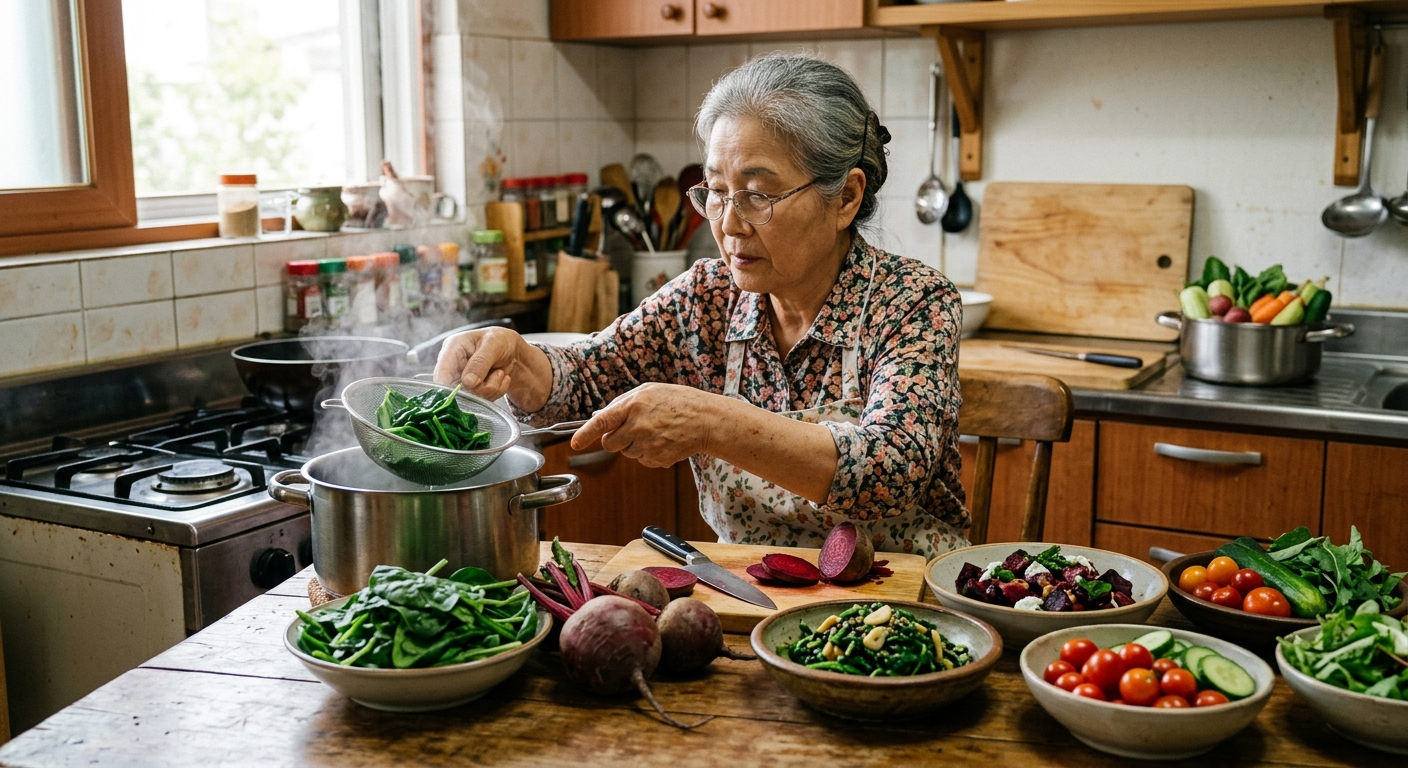 다양한 채소가 균형 있게 담긴 식탁과 물컵이 놓인 장면