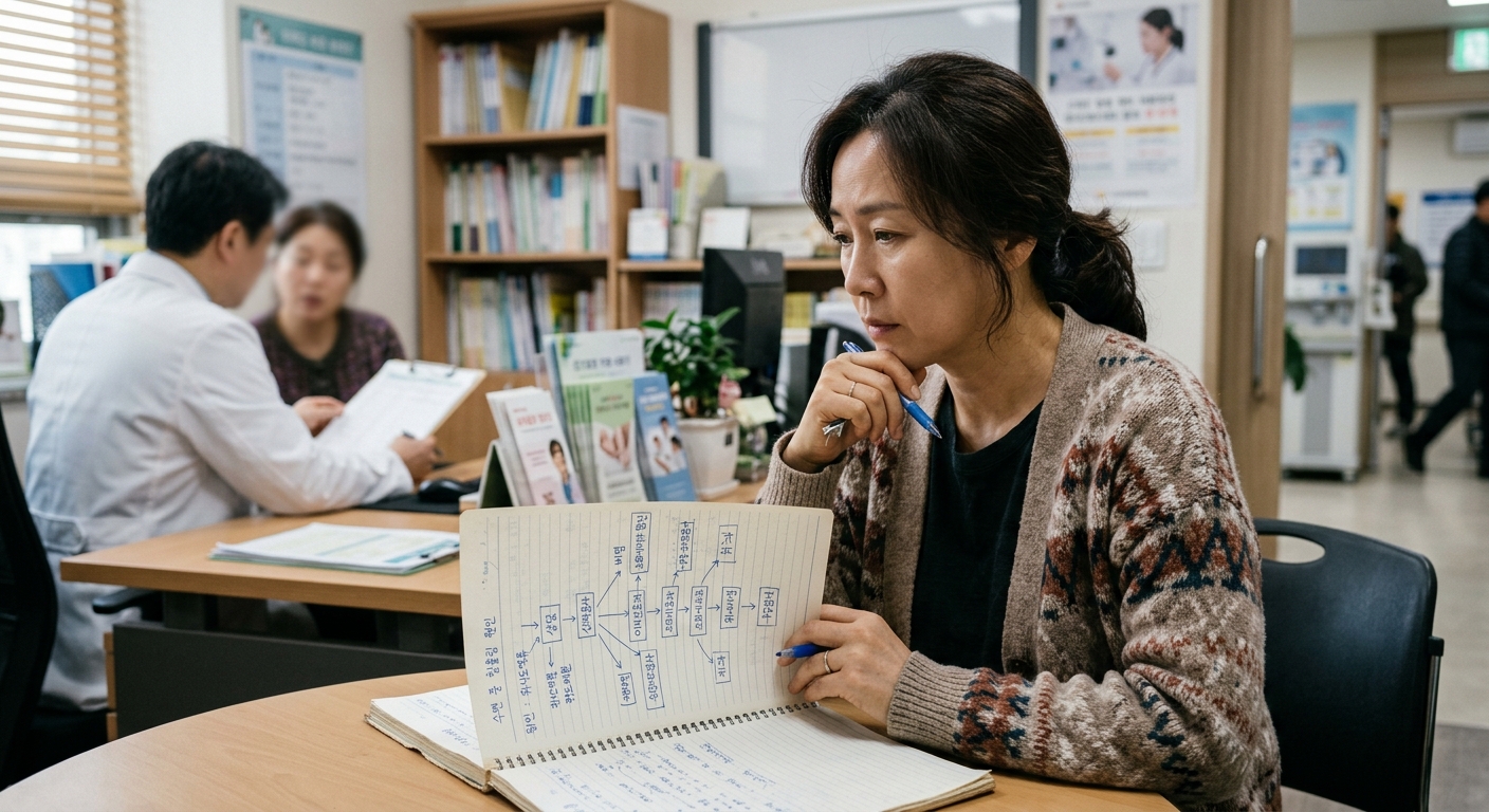 진료과 선택을 고민하며 증상 메모를 보는 환자