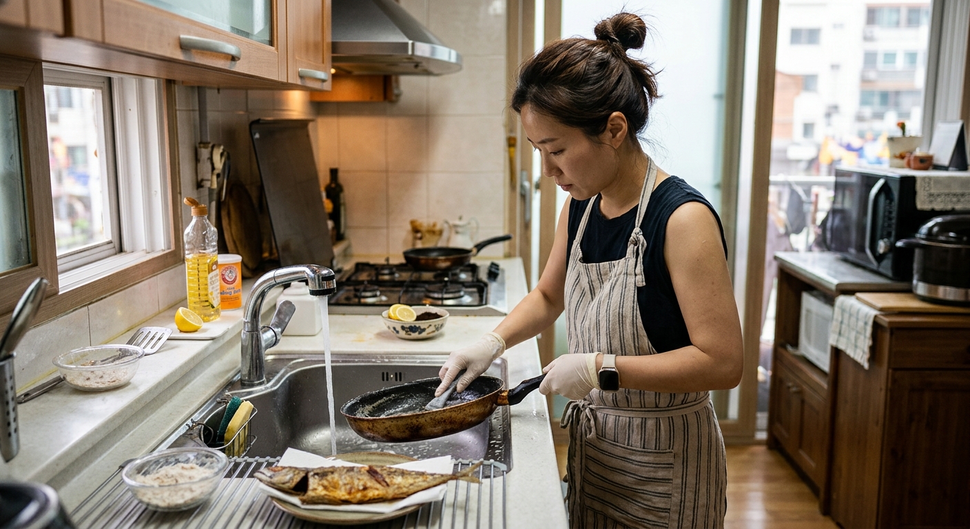 생선구이 후 팬을 닦고 레몬 껍질을 끓여 주방 냄새를 정리하는 모습