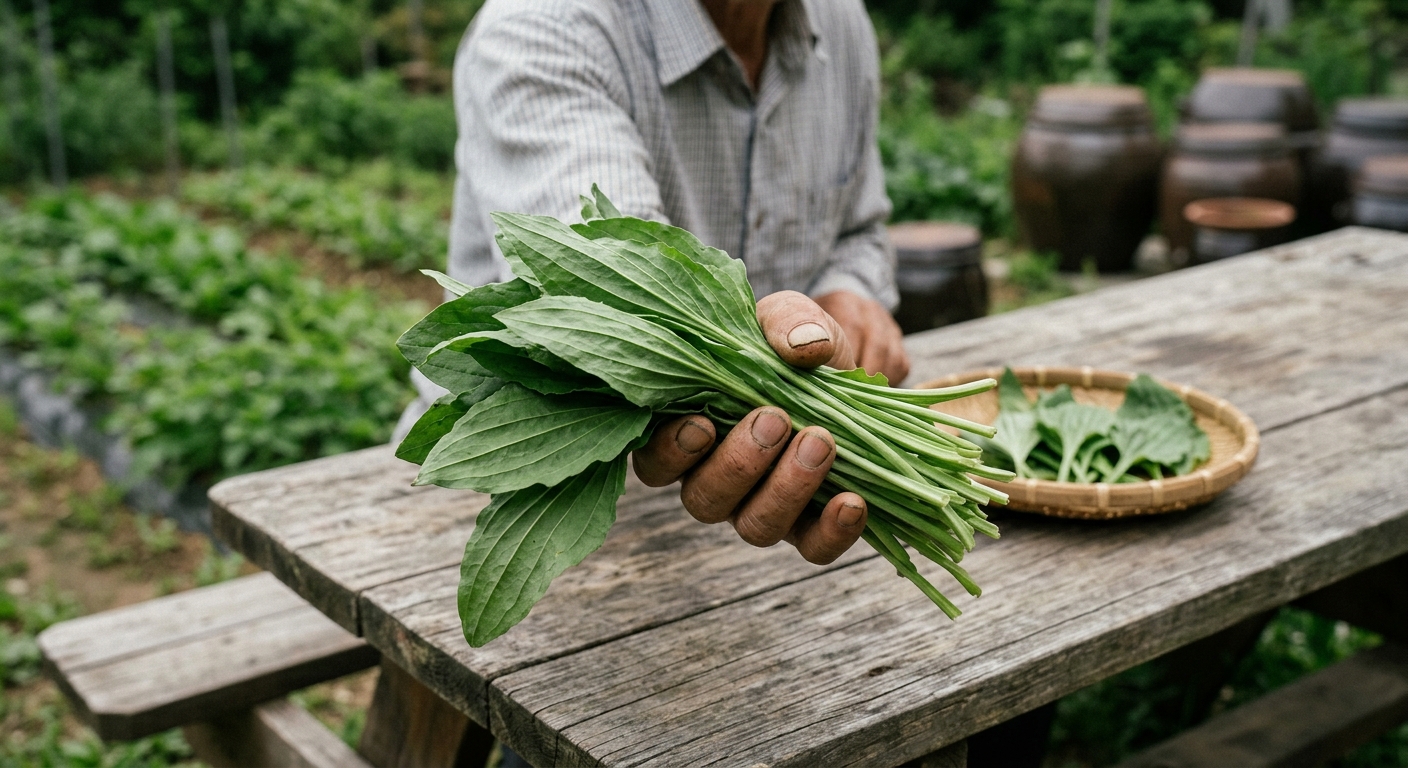 과하지 않은 양의 질경이 나물과 차를 함께 놓은 건강한 식탁