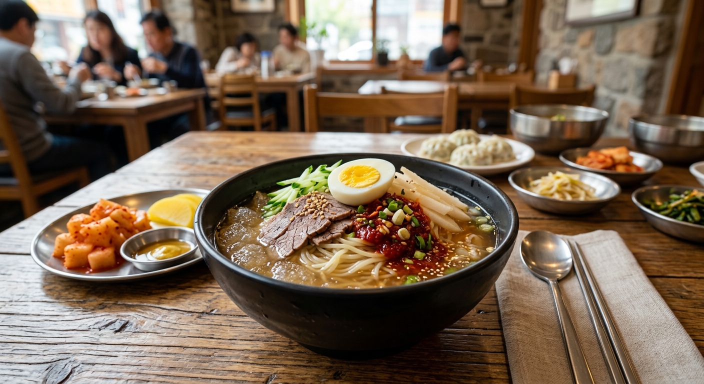 오이채와 삶은 달걀을 올려 완성도를 높인 밀면 스타일 라면 이미지