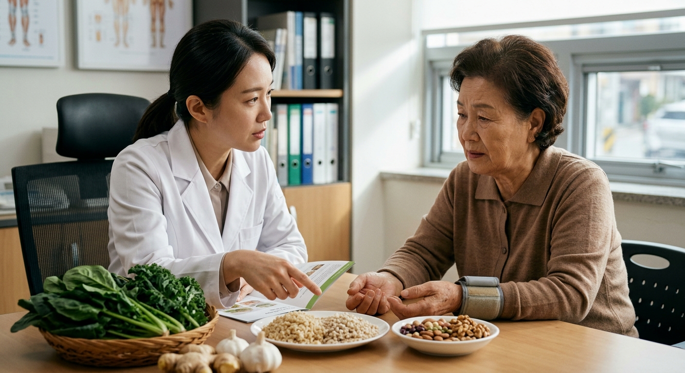 식단 기록 노트와 건강한 식재료가 함께 놓인 맞춤형 식단 관리 장면