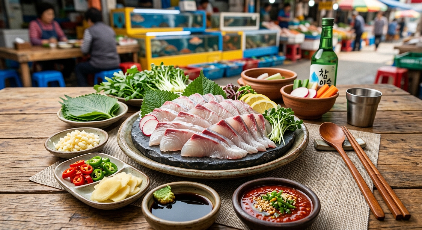 간장과 고추냉이를 곁들여 숭어회를 맛보는 장면