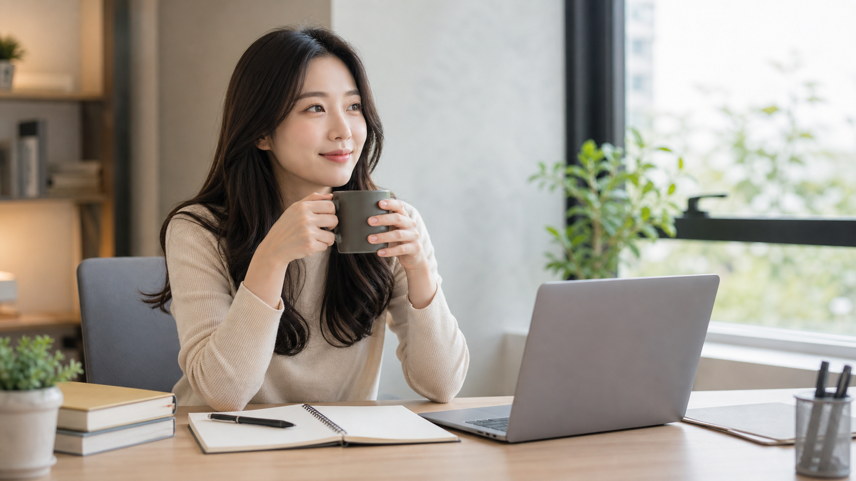 업무 중 따뜻한 커피 한 잔으로 집중과 휴식을 챙기는 모습