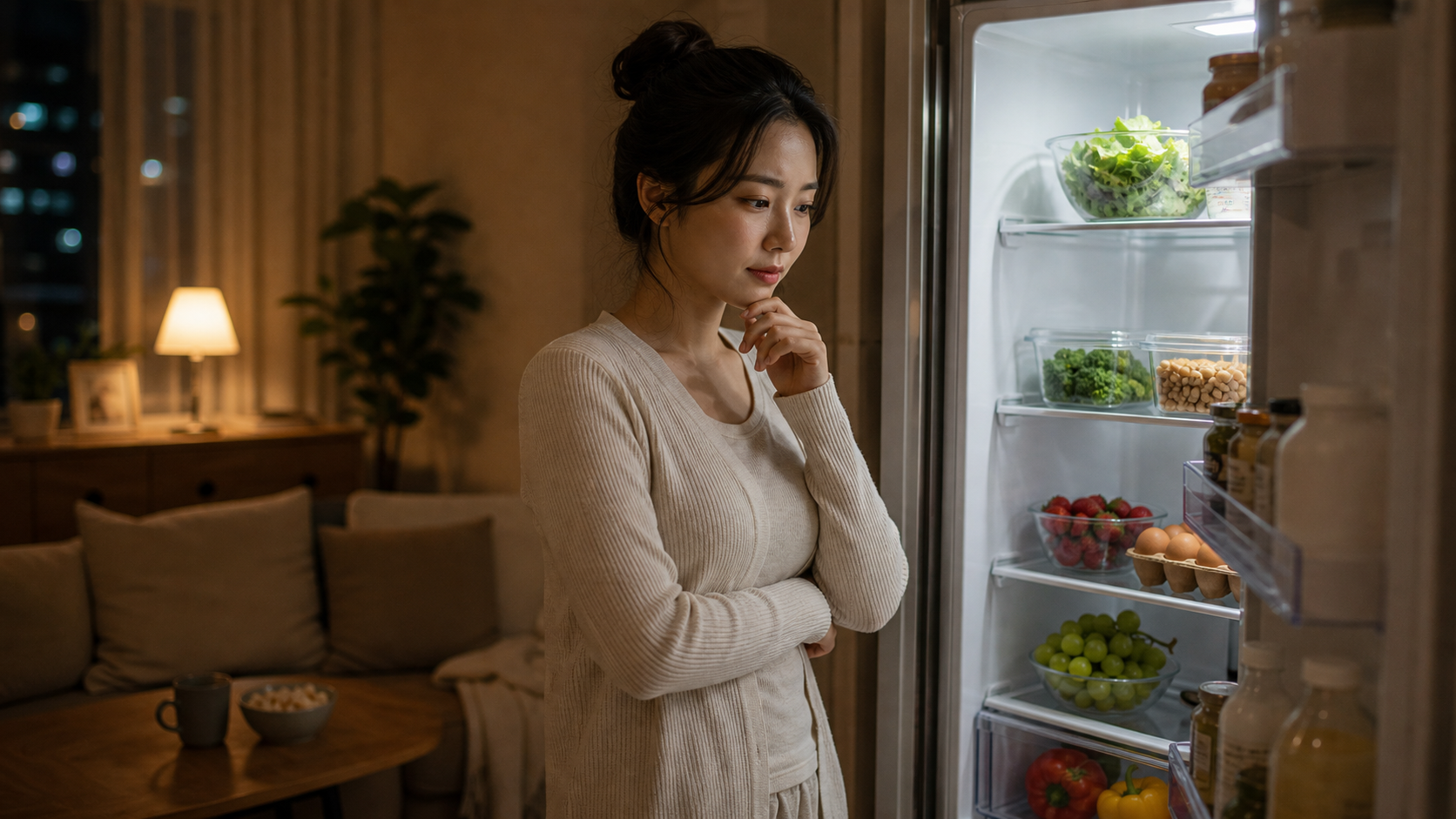밤늦게 열린 냉장고 앞에서 음식을 찾는 사람의 모습