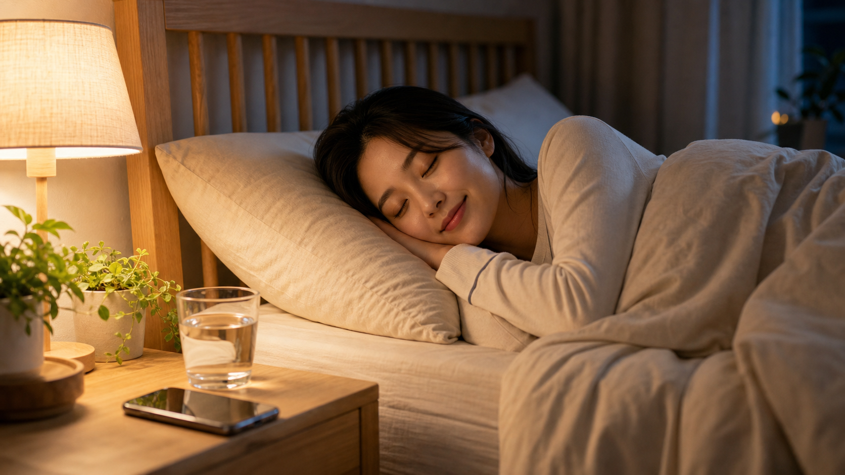 따뜻한 조명 아래 스마트폰을 멀리 두고 잠을 준비하는 침실 모습