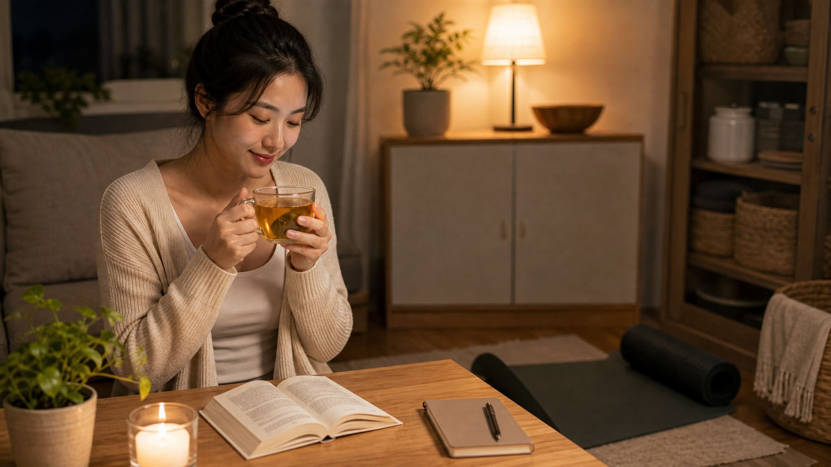 저녁에 따뜻한 차를 마시며 독서와 스트레칭으로 쉬는 모습