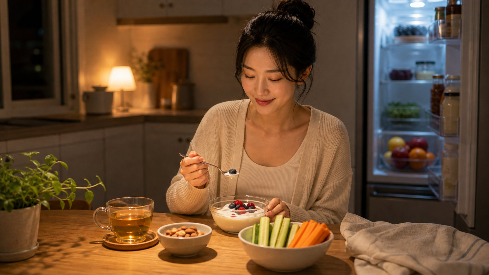그릭요거트 베리 채소스틱 따뜻한 차 등 가벼운 야식 대안