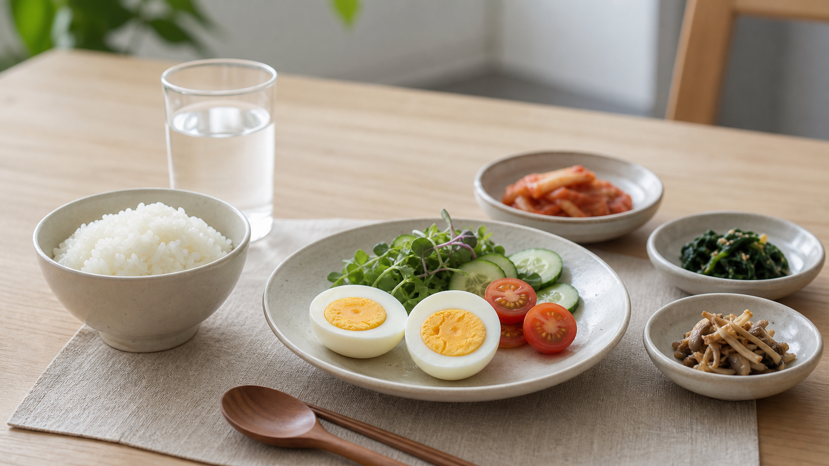 접시에 담긴 달걀 요리와 균형 잡힌 한 끼 식사 사진