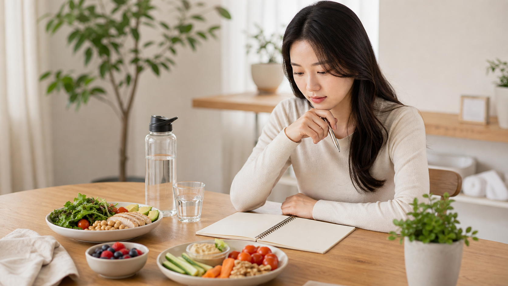 천천히 시작하는 식사 계획과 물을 챙기는 간헐적 단식 준비 모습