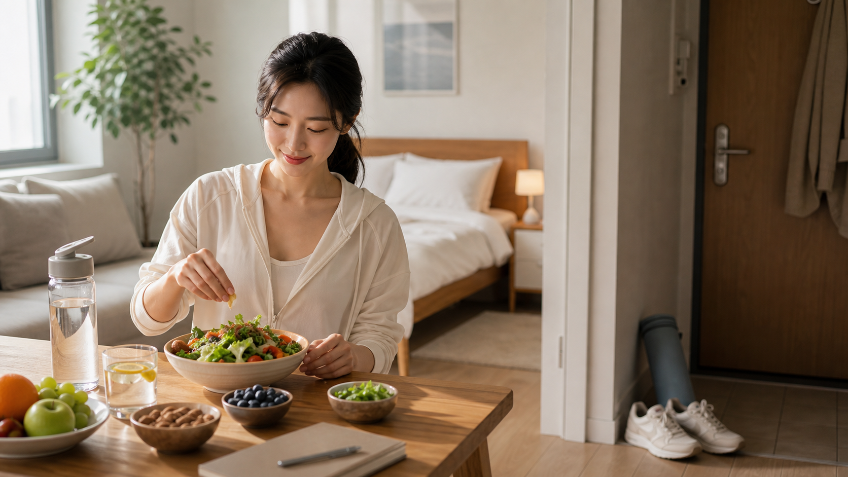 건강한 식사 물병 운동화 수면 루틴을 함께 보여주는 생활습관 사진