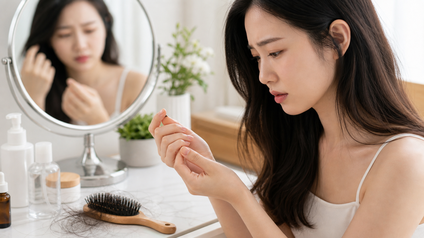푸석한 모발과 약해진 손톱을 확인하는 건강 관리 이미지