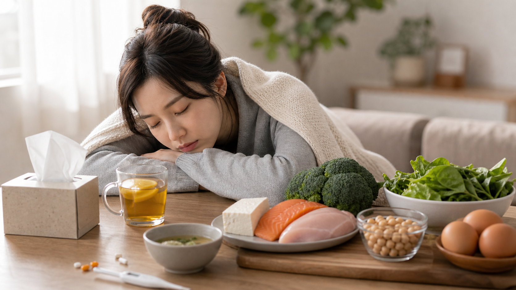 피로한 사람이 차를 마시며 회복하고 단백질 식품을 챙기는 모습