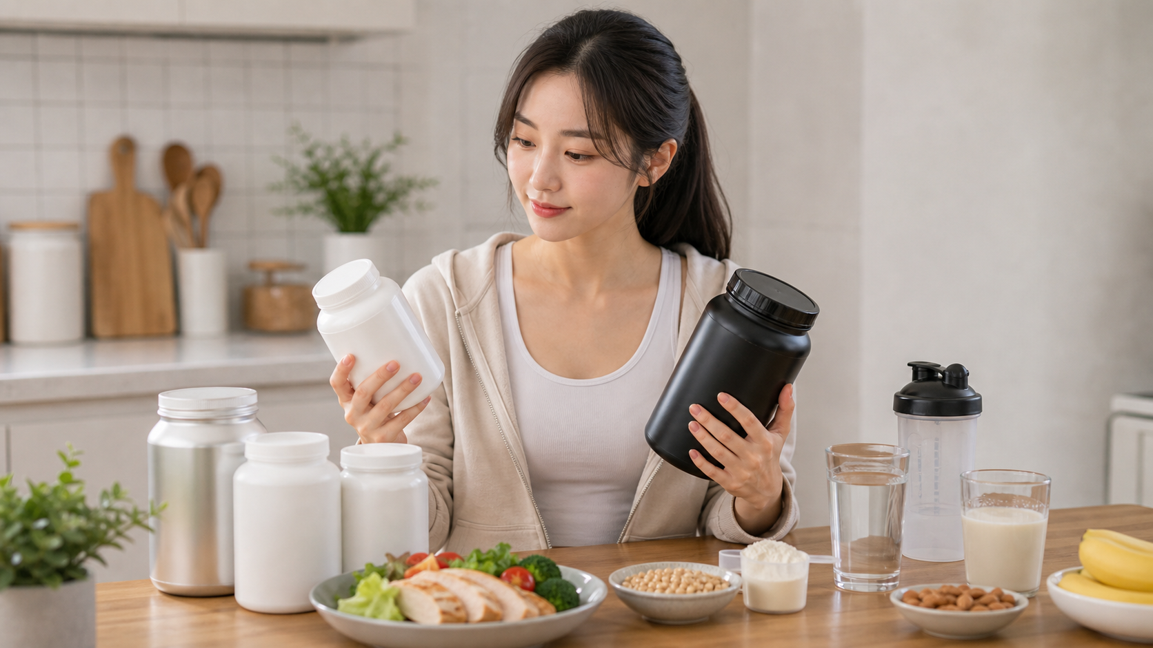 프로틴을 처음 살 때 작은 용량과 대용량을 비교하는 모습