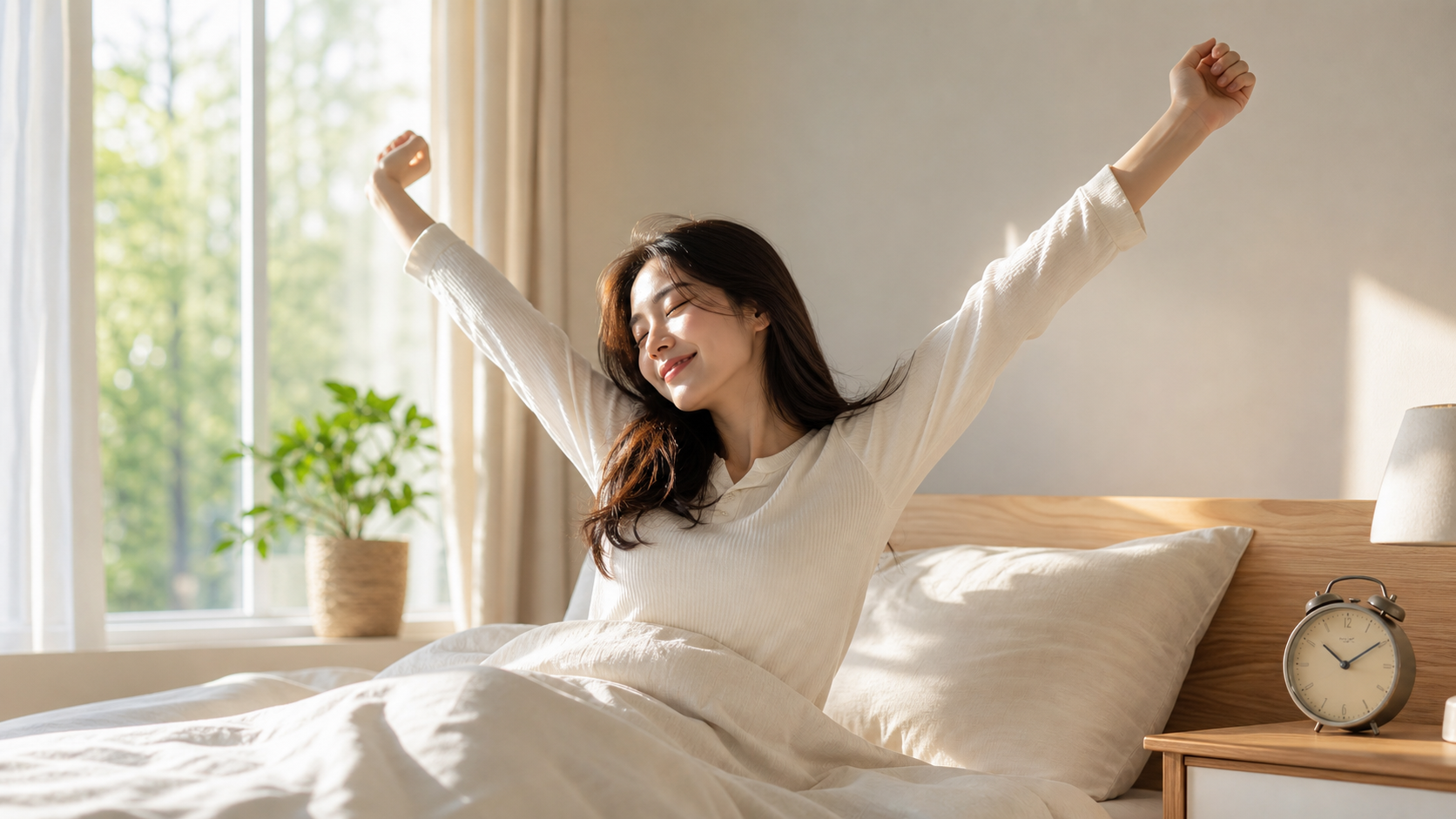 일정한 수면 리듬을 위해 침대 옆 알람시계가 놓인 아침 침실