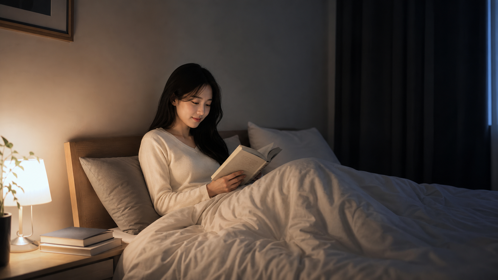 어둡고 서늘한 침실에서 책과 조명으로 준비한 자기 전 루틴