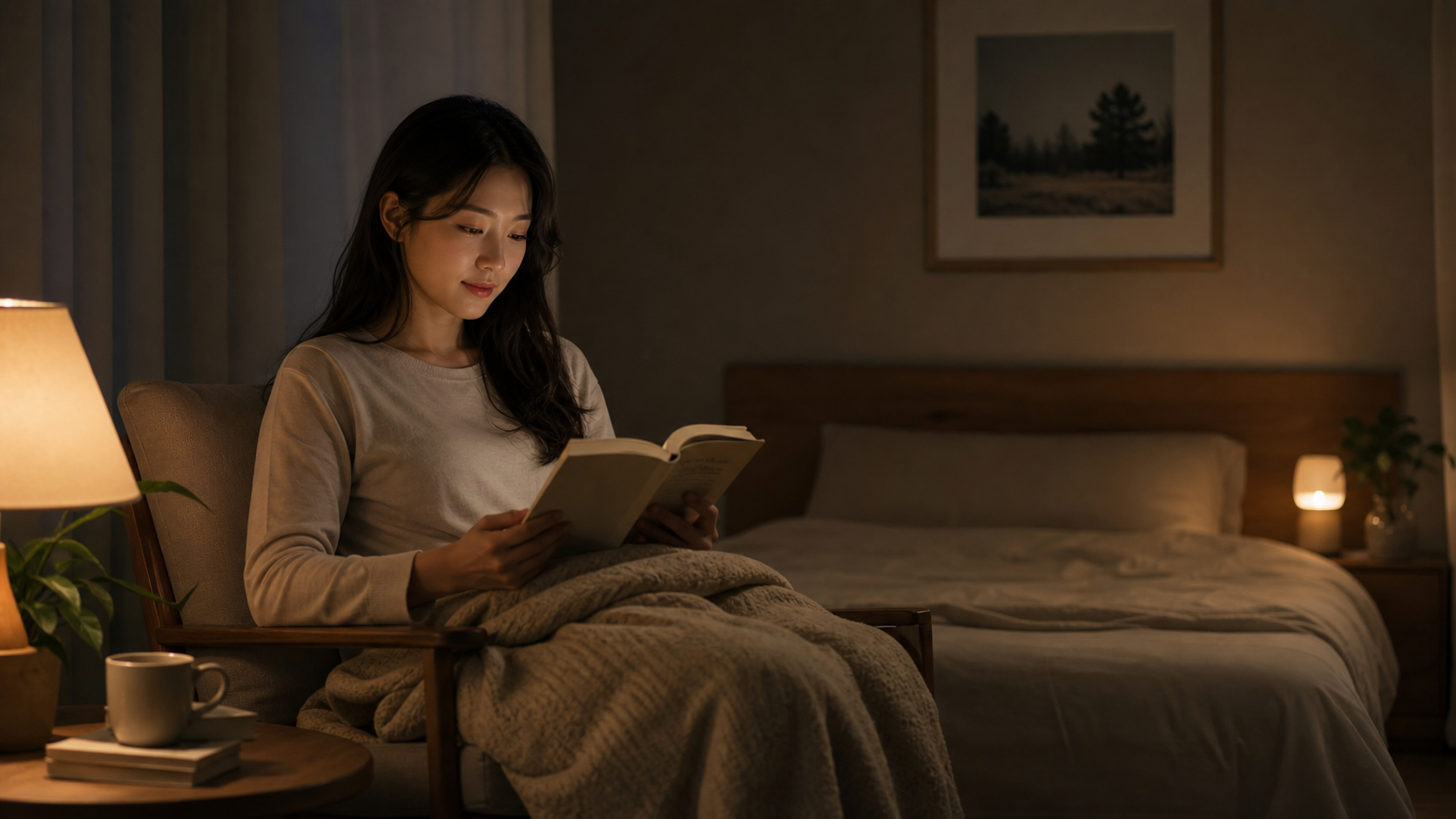 잠이 오지 않아 침대 밖 의자에서 조용히 책을 읽는 모습