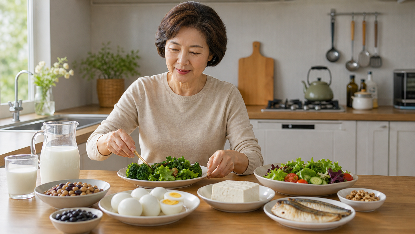비타민D 음식과 가벼운 운동 소품으로 뼈 근육 면역 건강을 표현한 사진