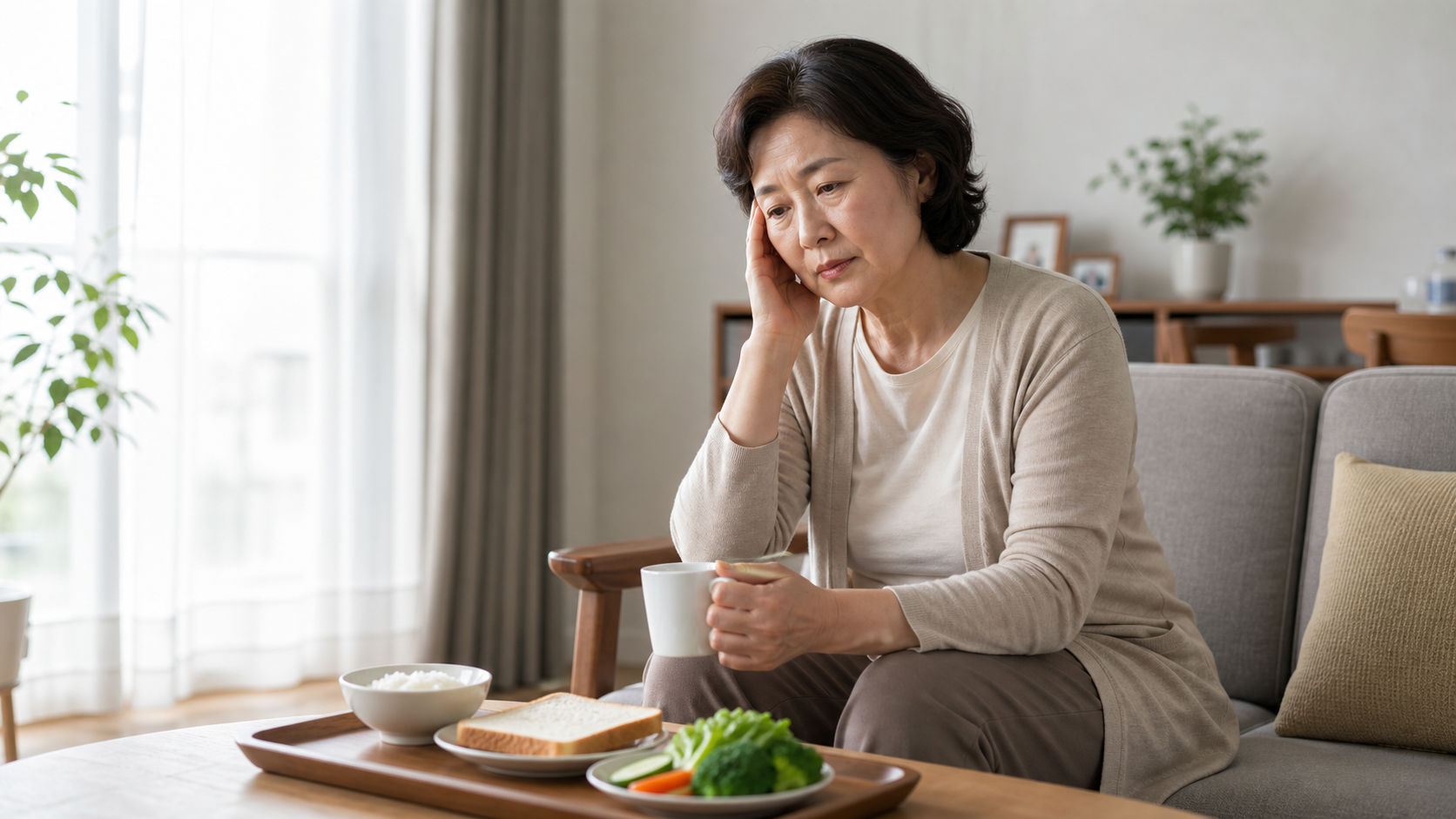 피로감을 느끼는 사람과 비타민D 음식이 놓인 건강 관리 사진