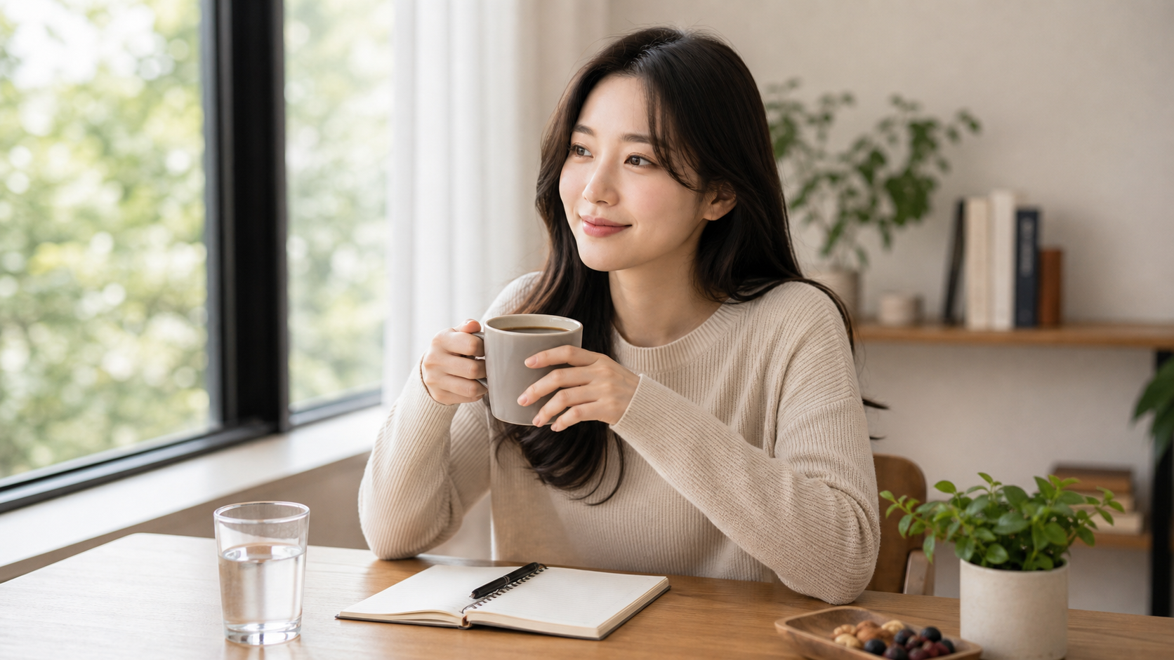 비타민D 보충제와 물 건강한 식사가 놓인 사진