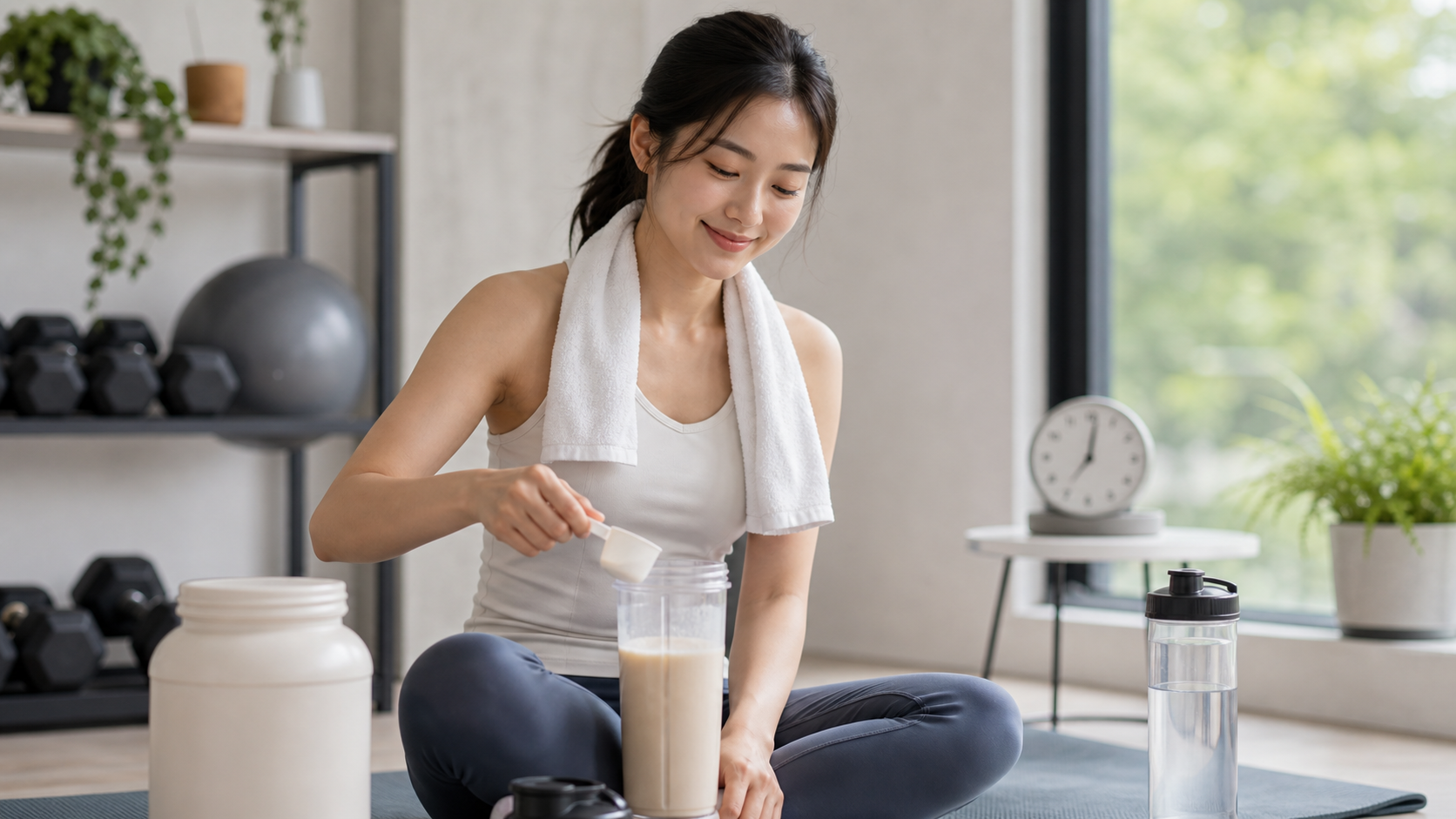 운동을 마친 뒤 서두르지 않고 단백질 쉐이크를 준비하는 모습
