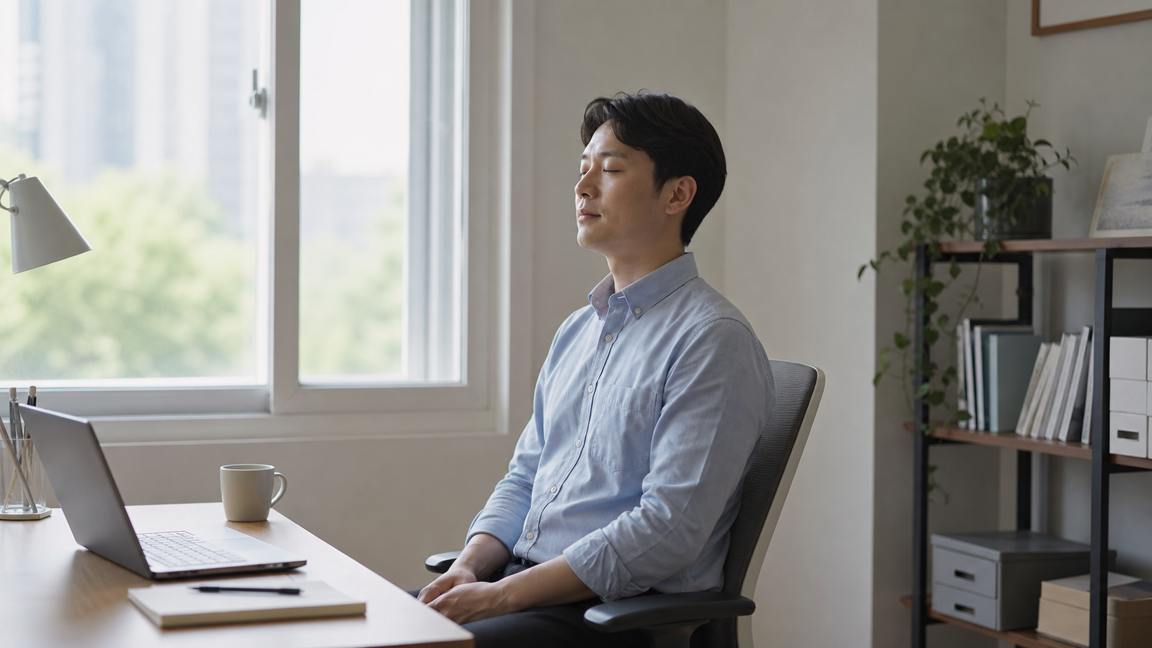 밝은 실내에서 눈을 감고 잠시 쉬는 모습