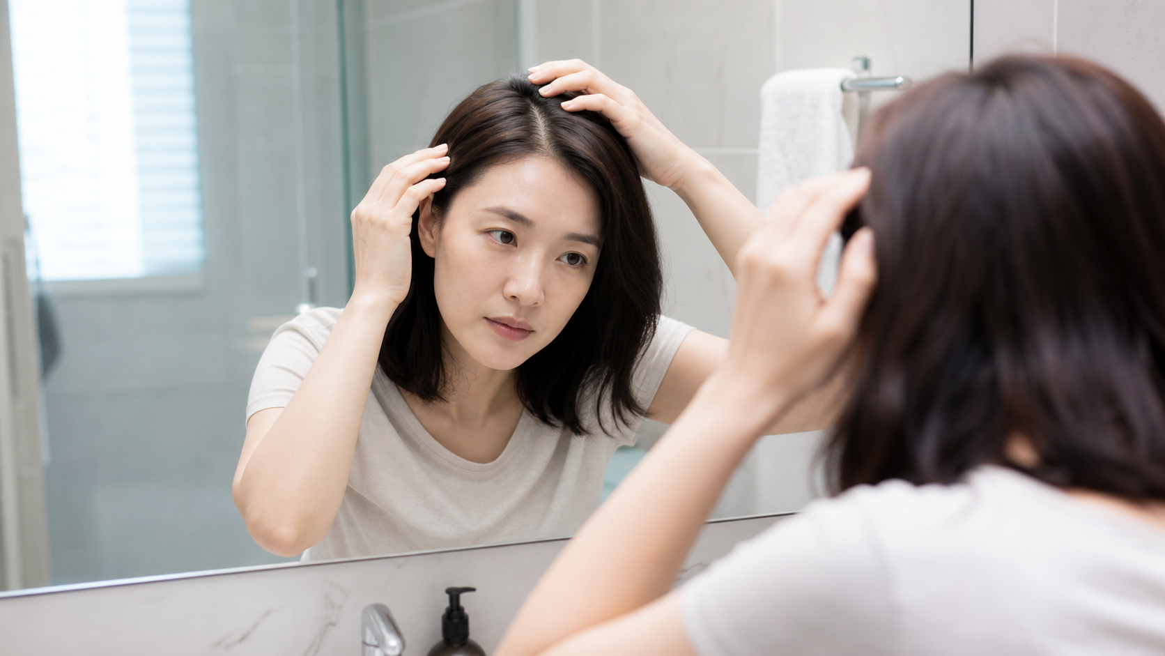 거울 앞에서 두피와 모발 상태를 차분히 살피는 성인