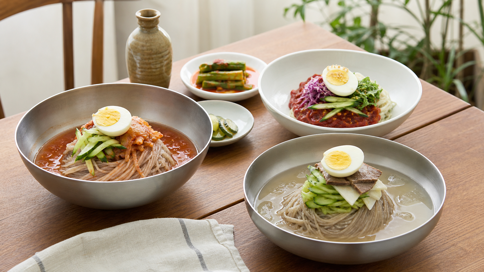 콩국수와 비빔국수, 김치말이국수를 함께 차린 밝은 여름 식탁