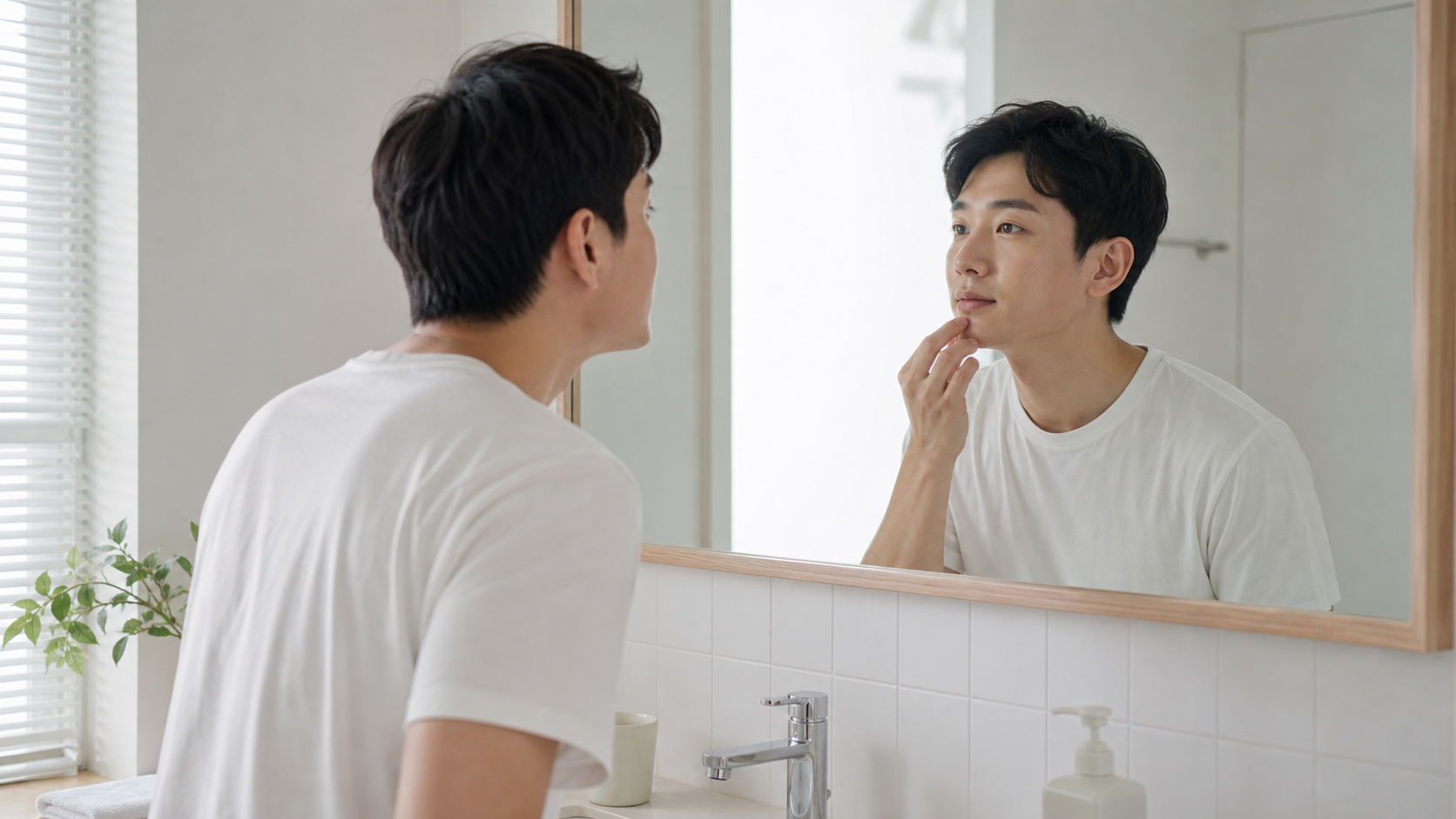 거울 앞에서 입안을 확인하는 모습